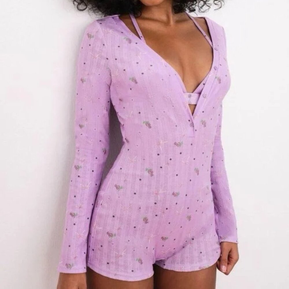 For Love & Lemons Pointelle Deep V-neck Onesie Sleepwear Romper | Purple, Size L